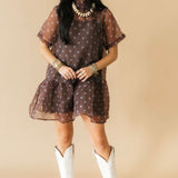 Sheer Overlay Polka Dot Mini Dress | Brown