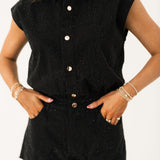 Black Full Rhinestone Button Up Romper | Queen Of Sparkles
