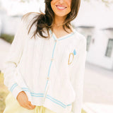White & Blue 'In My Bride Era' Sequin & Pearl Button Up Cardigan | Queen Of Sparkles