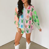 Striped Colorblock Sequin Tulip Button Up Cotton Long Sleeve Top | Queen Of Sparkles