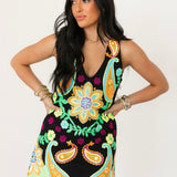 Black & Neon Paisley Print V Neck Tank Dress | Queen Of Sparkles