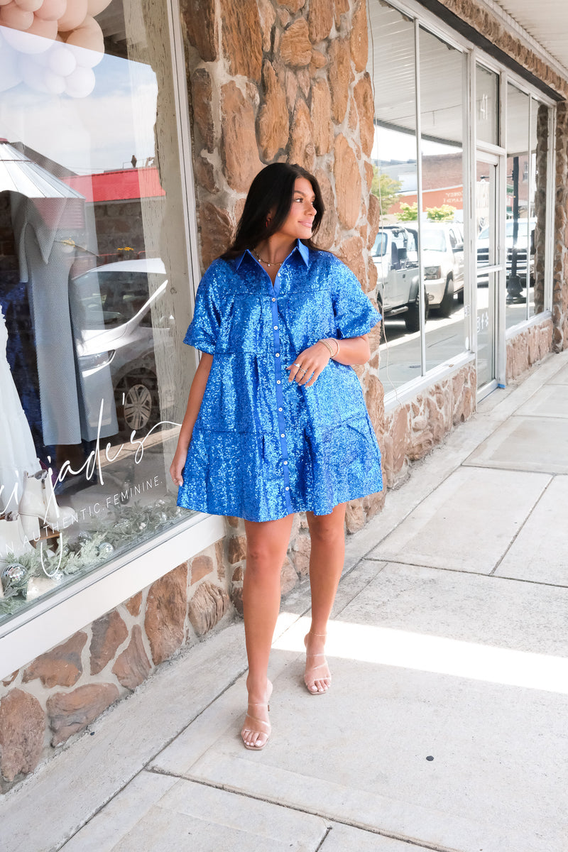 COLLARED SEQUIN DRESS | BLUE