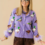 Purple Multi Ducks Feather Sleeve Button Up Cardigan | Queen Of Sparkles