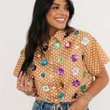 Brown & White Polka Dot Sequin Flower Cotton Button Up Top | Queen Of Sparkles