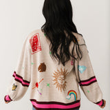 Stripe Trim Multi Icon Button Up Cardigan | Queen Of Sparkles