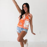 Bright Orange And White Colorblock Football Icon Button Up Sweater Vest | Queen Of Sparkles