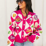 Pink Diamond Print Thanksgiving Dinner Button Up Sweater | Queen Of Sparkles