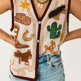 Beige Multi Western Icon Knit Button Up Vest | Queen Of Sparkles