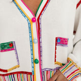 White & Rainbow Jewel Trim Button Up Cardigan | Queen Of Sparkles