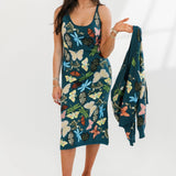 Dark Teal Scattered Butterfly, Dragon Fly  & Frog Midi Dress