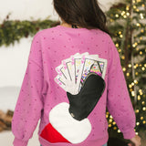 Pink Santa Hand Holding QOS Logo Cards Rhinestone Sweatshirt | Queen Of Sparkles