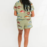 Green Multi Fish Henley Short | Queen Of Sparkles