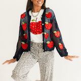 Crochet Navy & Red Sequin Apple Button Up Sweater | Queen Of Sparkles
