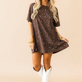 Brown Multi Rhinestone Cotton Short Sleeve Dress | Queen Of Sparkles