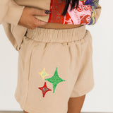 Beige Colorblock Bandana QOS Card Logo Short | Queen Of Sparkles