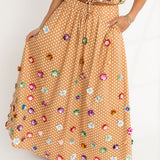 Brown & White Polka Dot Sequin Flower Cotton Maxi Skirt | Queen Of Sparkles