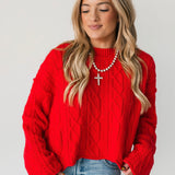 Cropped Cable Knit Sweater | Red