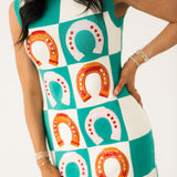 Teal Checkered Horse Shoe Knit Maxi Dress | Queen Of Sparkles
