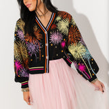 Black Multi Rainbow Firework Button Up Cardigan | Queen Of Sparkles
