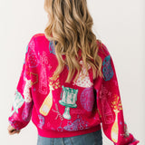 Hot Pink Birthday Icon Rainbow Trim Button Up Cardigan | Queen Of Sparkles