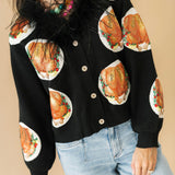 Navy Turkey On Plates Feather Neck Button Up Cardigan | Queen Of Sparkles