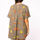 Brown Plaid Big Turkey & Leaves Short Sleeve Dress | Queen Of Sparkles