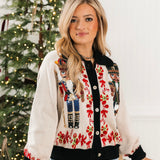 Black Trim Collar Nutcracker & Candy Cane Button Up Cardigan | Queen Of Sparkles