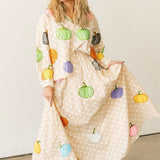 Beige & White Polka Dot Multi Pumpkin Cotton Button Up Top | Queen Of Sparkles