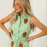 Green & White Gingham Beaded Strawberry Button Up Collar Midi Dress | Queen Of Sparkles