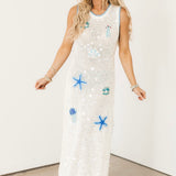 White & Blue Sea Icon Knit Pailette Tank Midi Dress | Queen Of Sparkles