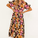 Radiant Flora Midi Dress | Brown