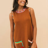 Brown Rainbow Rhinestone Trim Pocket Knit Tank Dress | Queen Of Sparkles