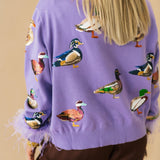 Purple Multi Ducks Feather Sleeve Button Up Cardigan | Queen Of Sparkles