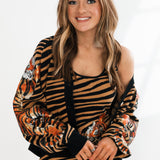 Black & Tan Tiger Stripe Button Up Cardigan With Crawling Tigers | Queen Of Sparkles