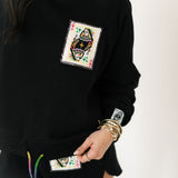 Black QOS Queen Card Rhinestone Tie Sweatshirt | Queen Of Sparkles