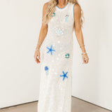 White & Blue Sea Icon Knit Pailette Tank Midi Dress | Queen Of Sparkles
