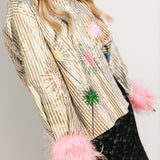 Gold Stripe Multi Sparkler Button Up Top With Pink Feather Sleeve | Queen Of Sparkles