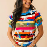 Multi Stripe Feather Short Sleeve Sweater | Queen Of Sparkles