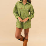 Olive Scattered Multi Rhinestone Cotton Button Up Romper | Queen Of Sparkles