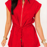 Crimson Rhinestone Zip Up Romper | Queen Of Sparkles
