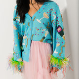 Aqua Popping Champagne Bottle & Coupe Feather Sleeve Button Up Cardigan | Queen Of Sparkles
