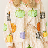 Beige & White Polka Dot Multi Pumpkin Cotton Button Up Top | Queen Of Sparkles