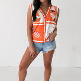 Bright Orange And White Colorblock Football Icon Button Up Sweater Vest | Queen Of Sparkles