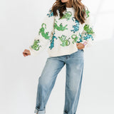 Beige Green & Blue Crawling Tigers Sweatshirt | Queen Of Sparkles