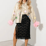 Gold Stripe Multi Sparkler Button Up Top With Pink Feather Sleeve | Queen Of Sparkles