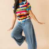 Multi Stripe Feather Short Sleeve Sweater | Queen Of Sparkles