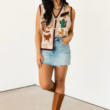 Beige Multi Western Icon Knit Button Up Vest | Queen Of Sparkles