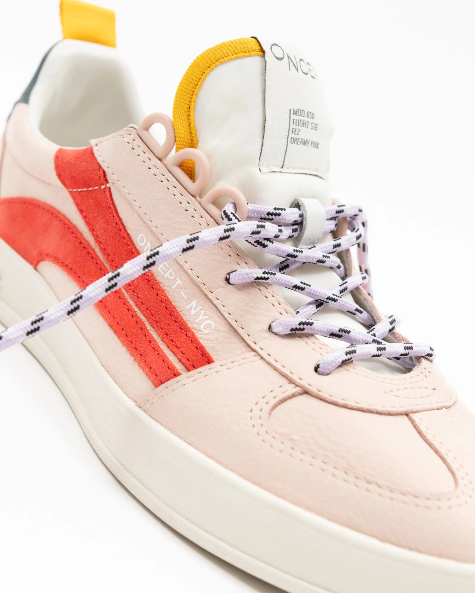 Oncept dreamy pink sneaker with red accents and lavender laces