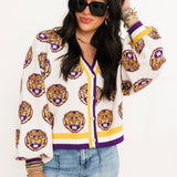 Licensed LSU Knit In Mascot Rhinestone Cardigan | Queen Of Sparkles