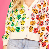 Beige Rainbow Lady Bug Button Up Cardigan